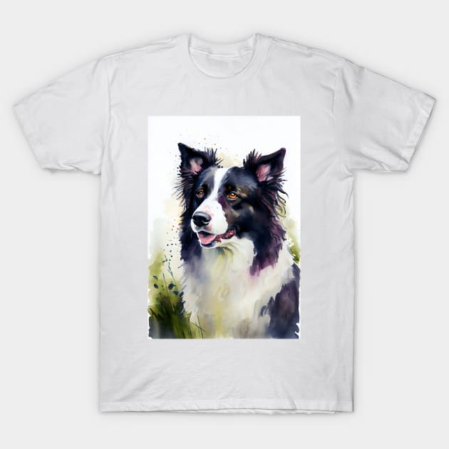 Watercolor Border Collie Portrait T-Shirt by designs4days